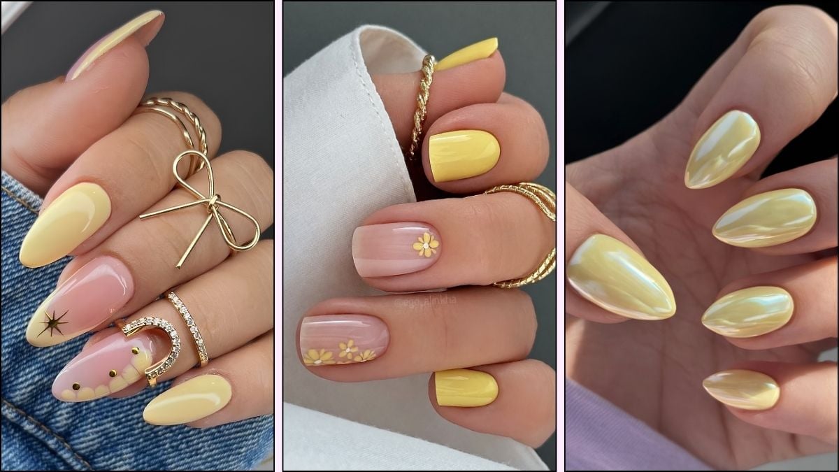 A collage of yellow nail designs