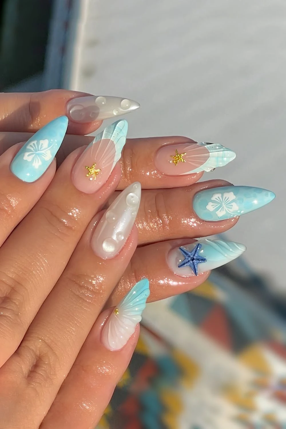 3D white and light blue beach nails