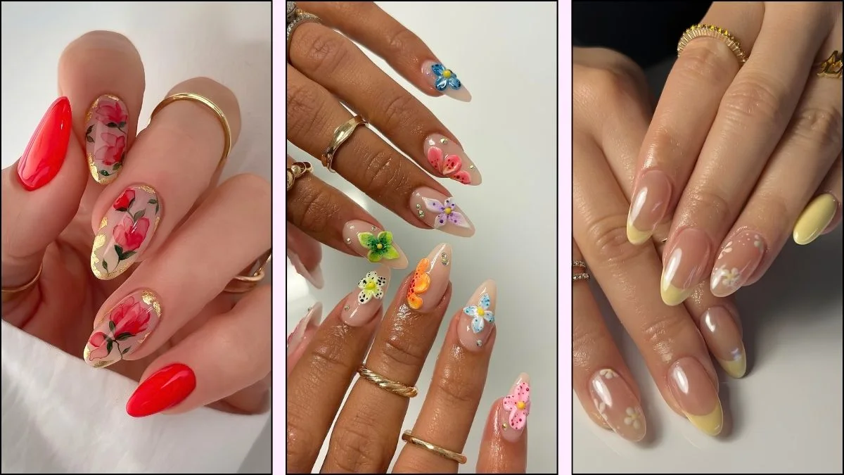 A collage of almond floral nail designs