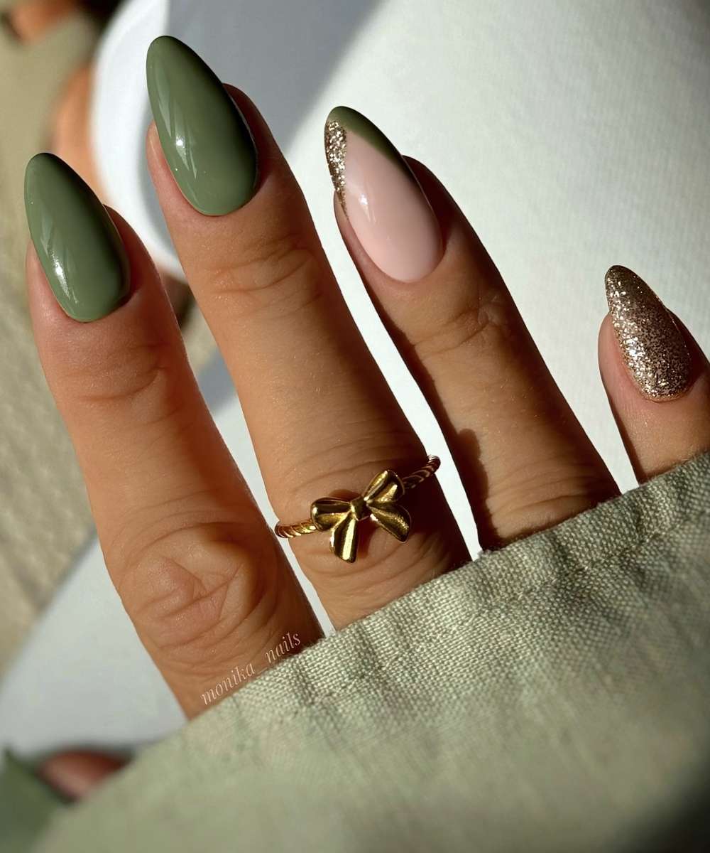 Almond olive green nails with accent glitter