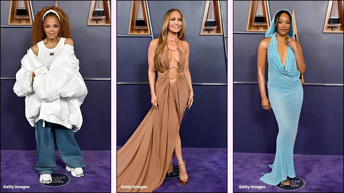 A collage of American music award outfits on red carpet