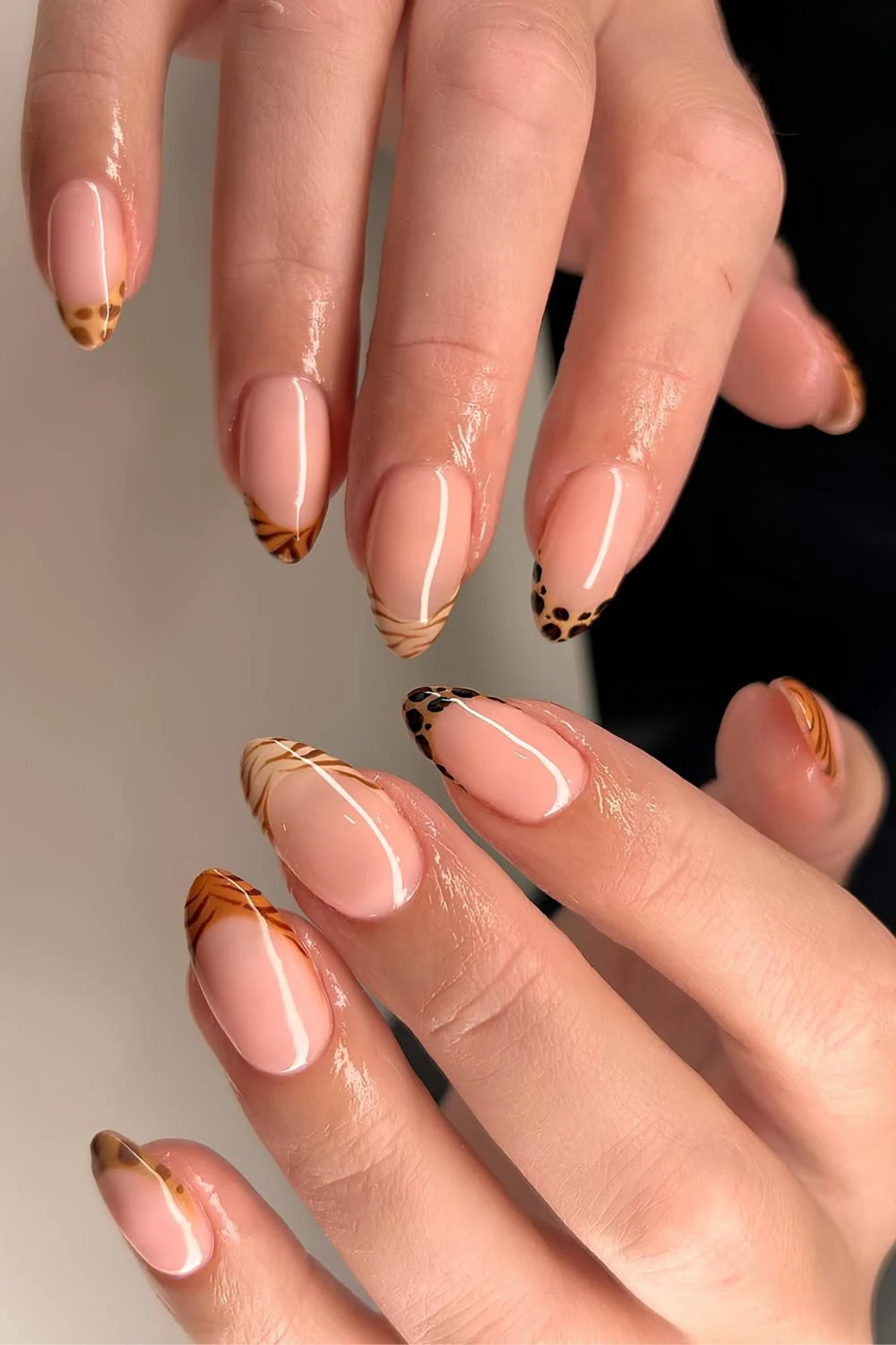 Animal print French mani in neutral and brown shades