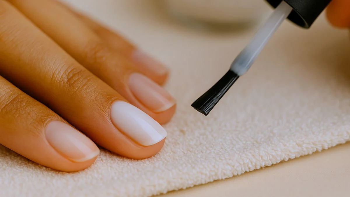 Applying milky white polish on nails