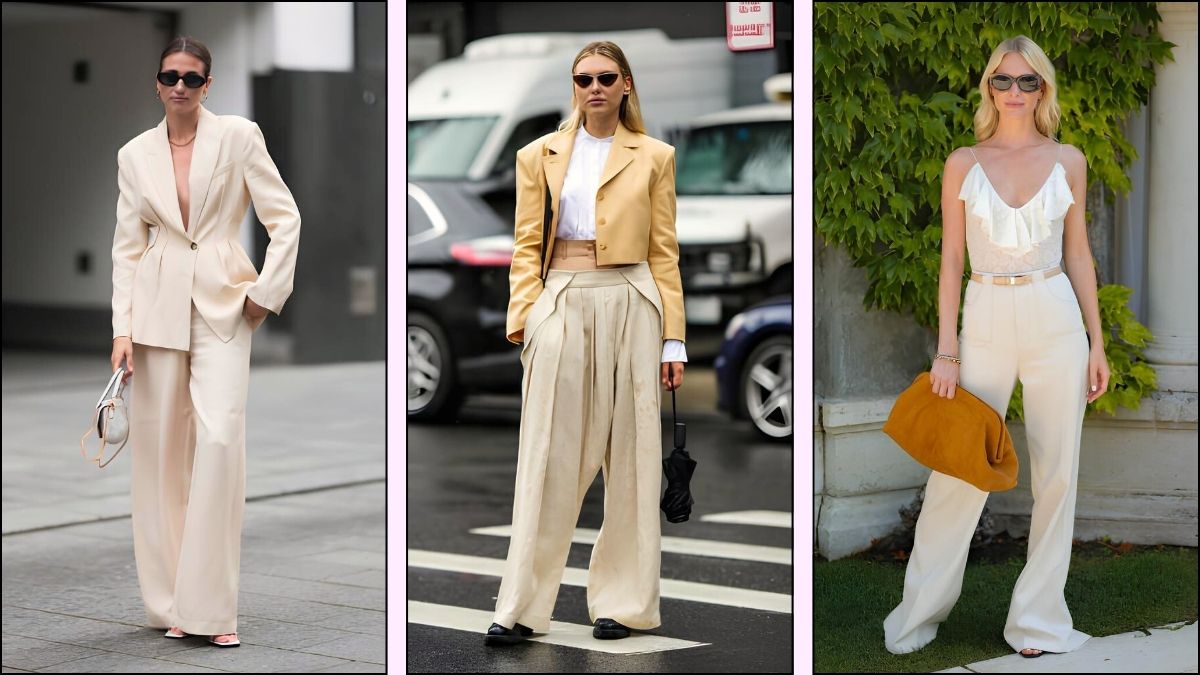 A collage of beige palazzo pant outfits