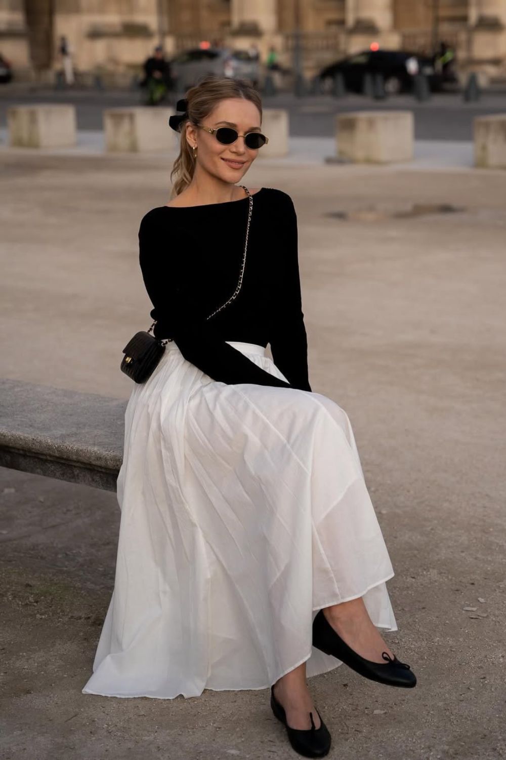 Black top with white maxi skirt