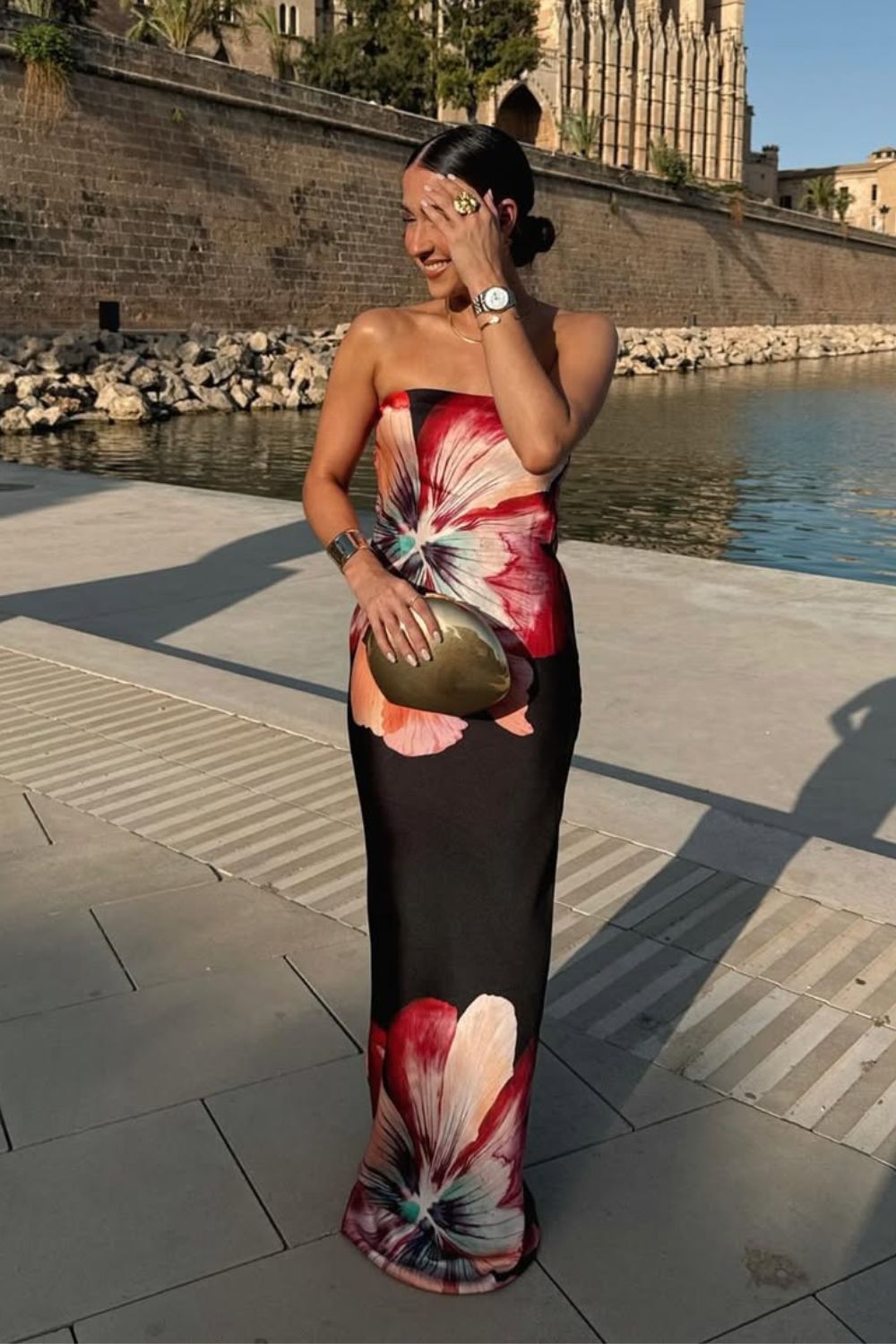 Black tube dress with chunky floral print