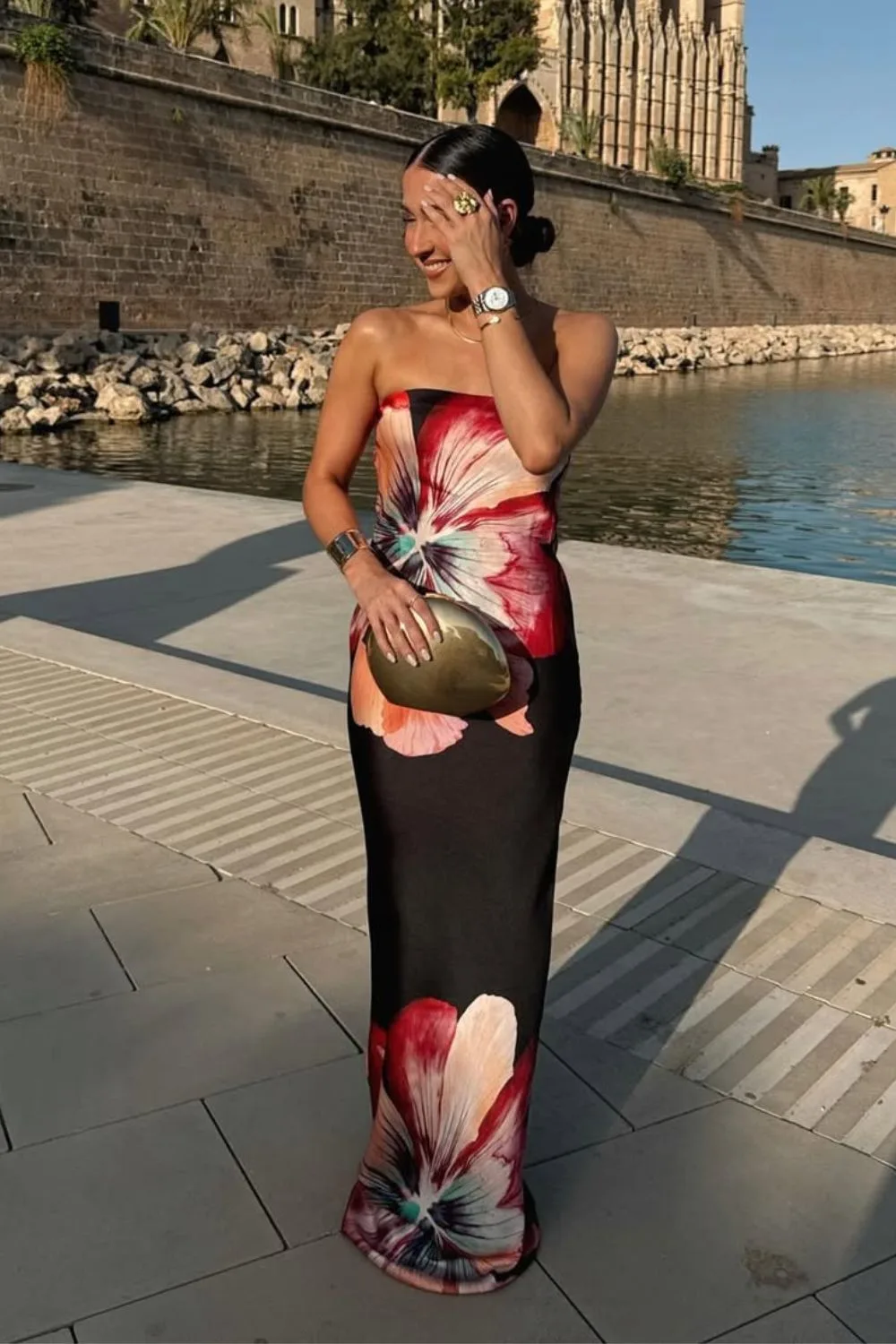 Black tube dress with chunky floral print