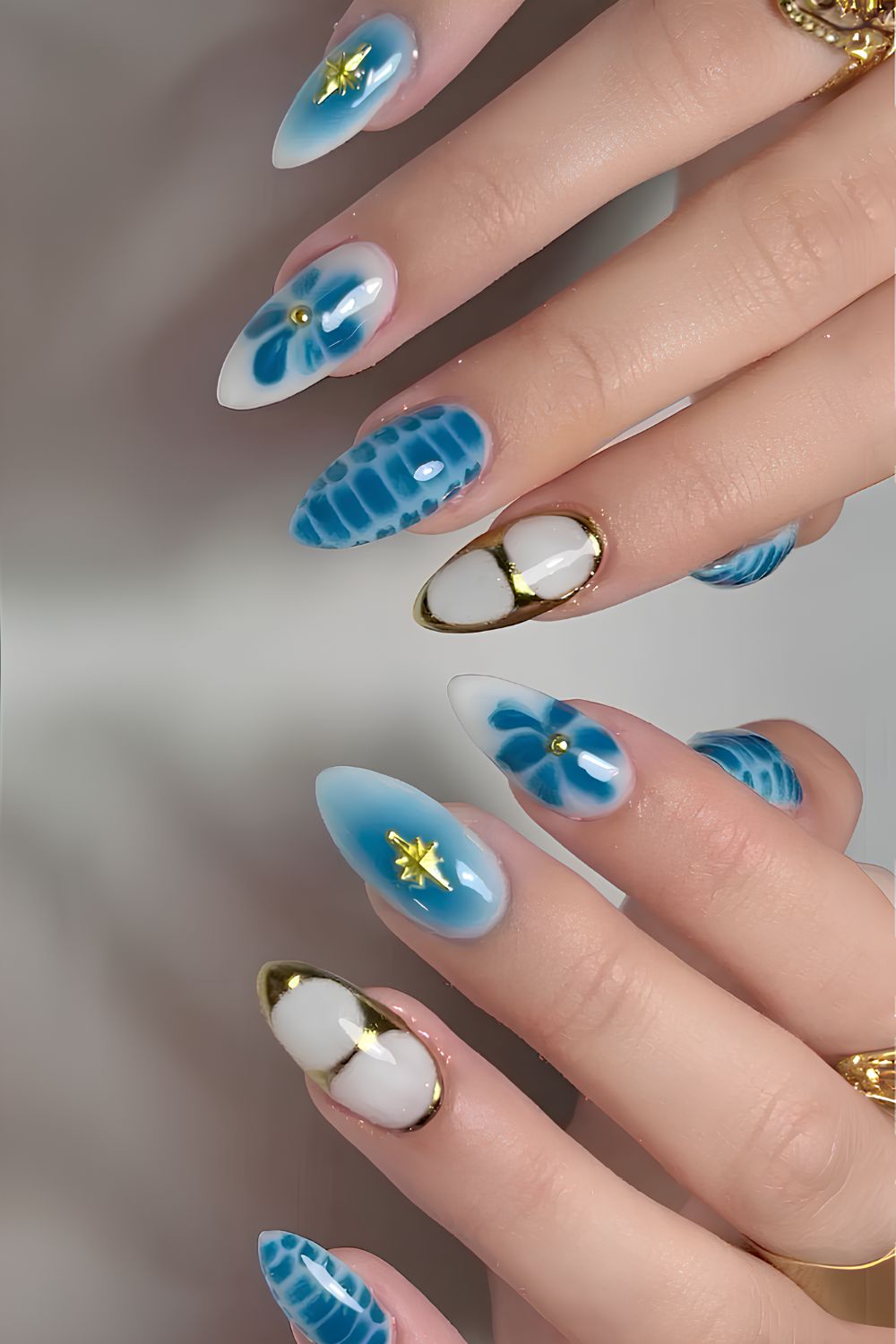 Blue and White mix and match nail design