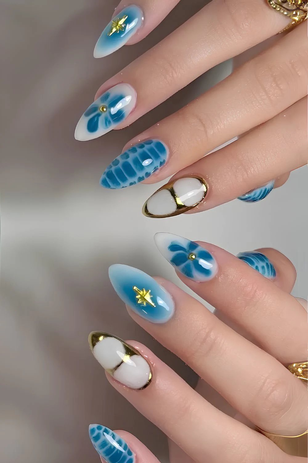 Blue and White mix and match nail design