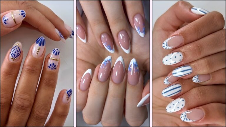 A collage of white and blue nail designs