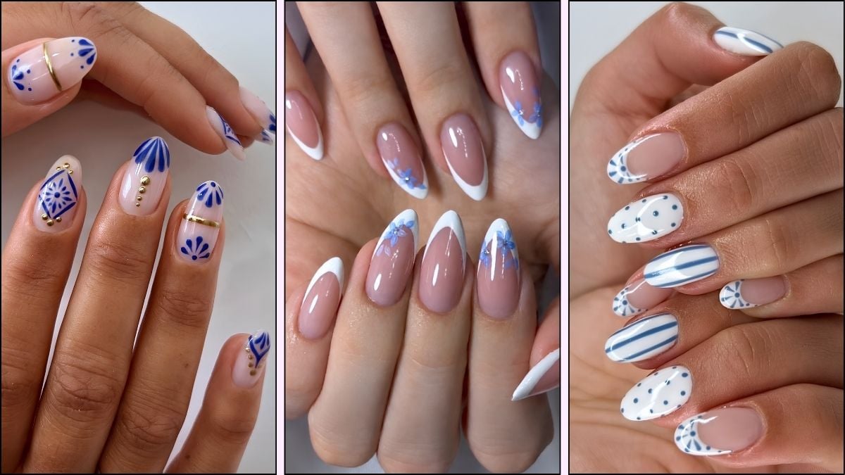 A collage of white and blue nail designs