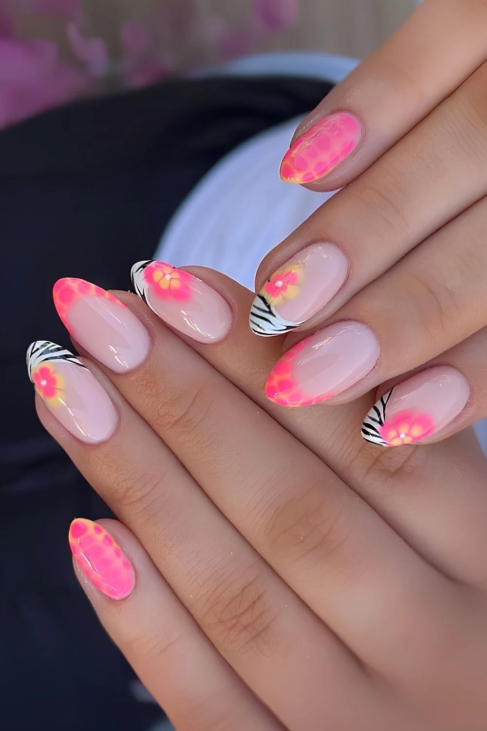 Bright pink French with animal print and florals