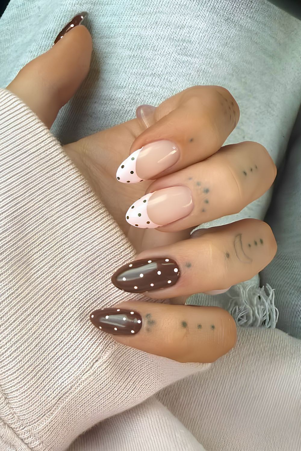 Brown and pink nails with micro dot art