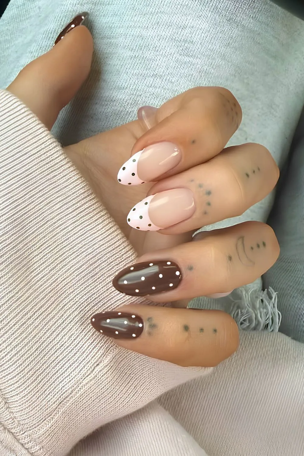 Brown and pink nails with micro dot art