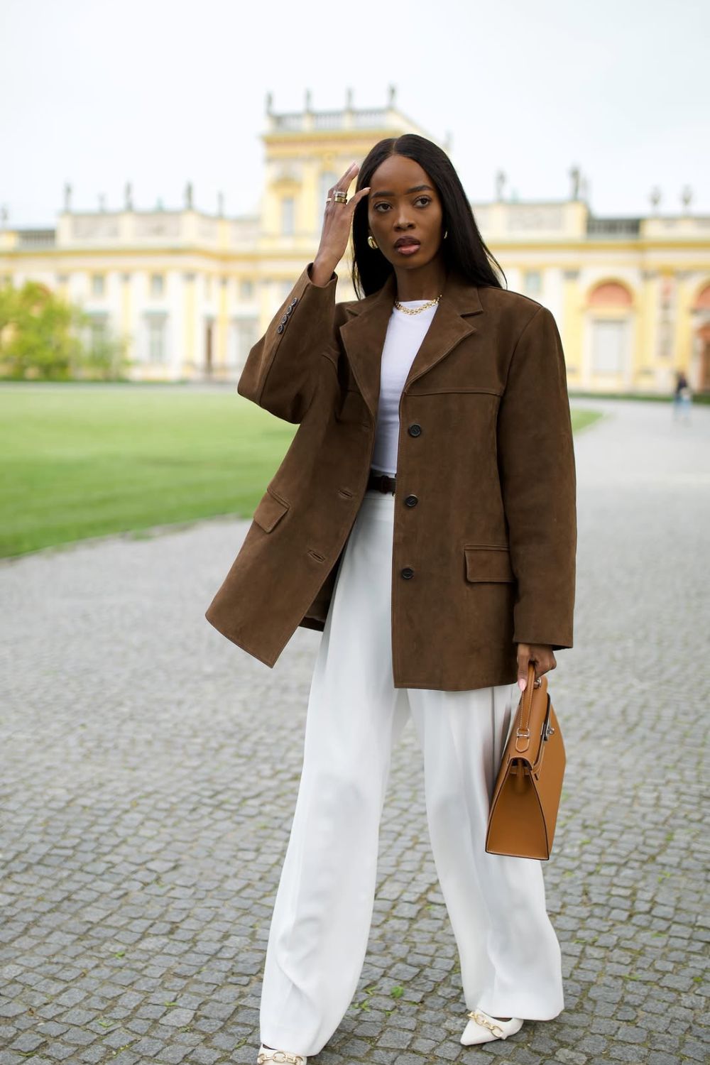 Brown suede blazer with white shirt and pants