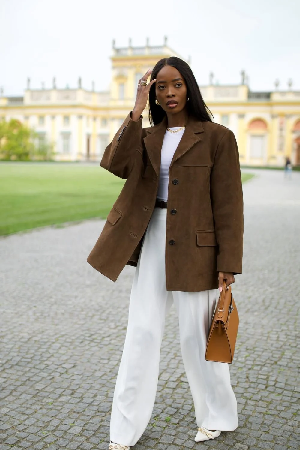 Brown suede blazer with white shirt and pants