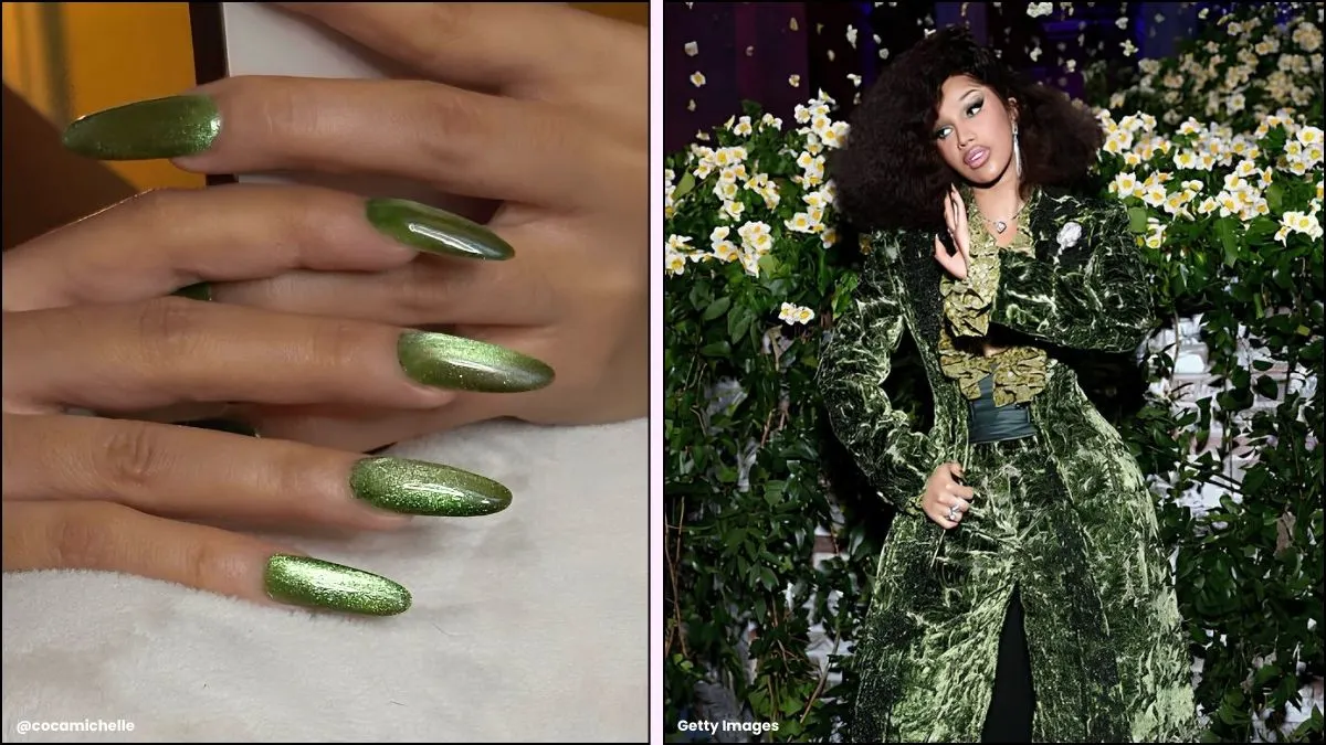 A collage of Cardi B's green velvet Met Gala nails