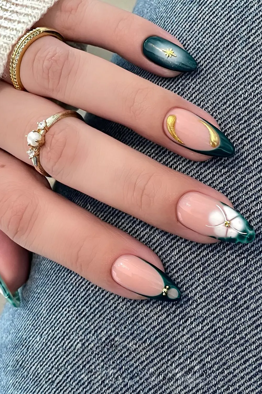 Emerald green and gold mix and match nails