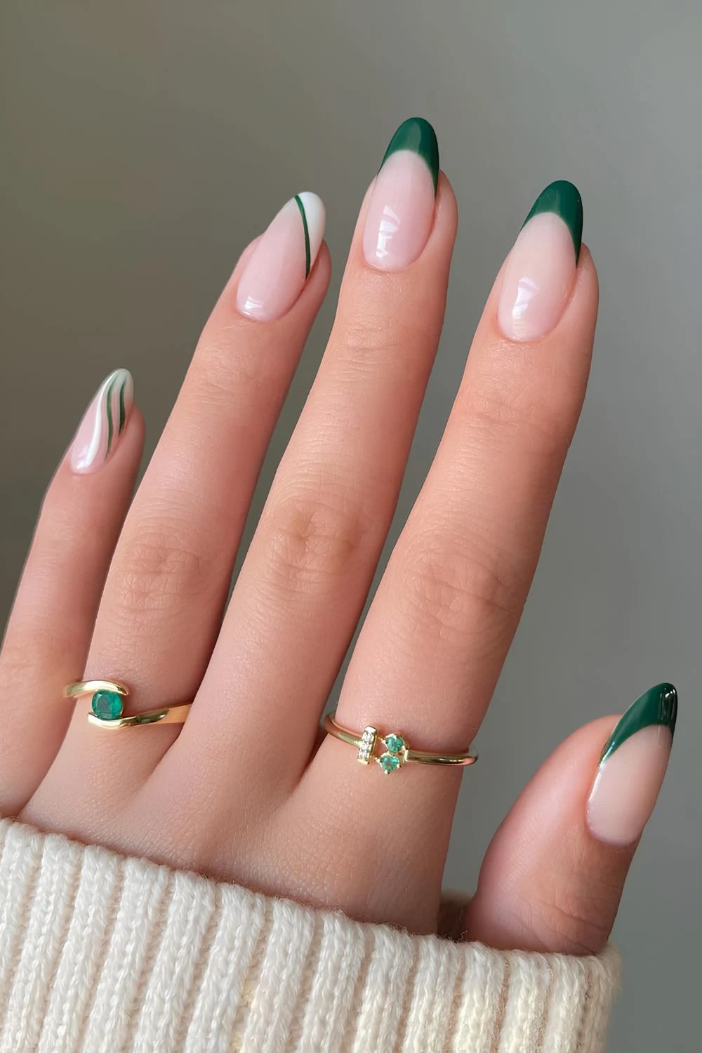 Emerald green and white French tip mani