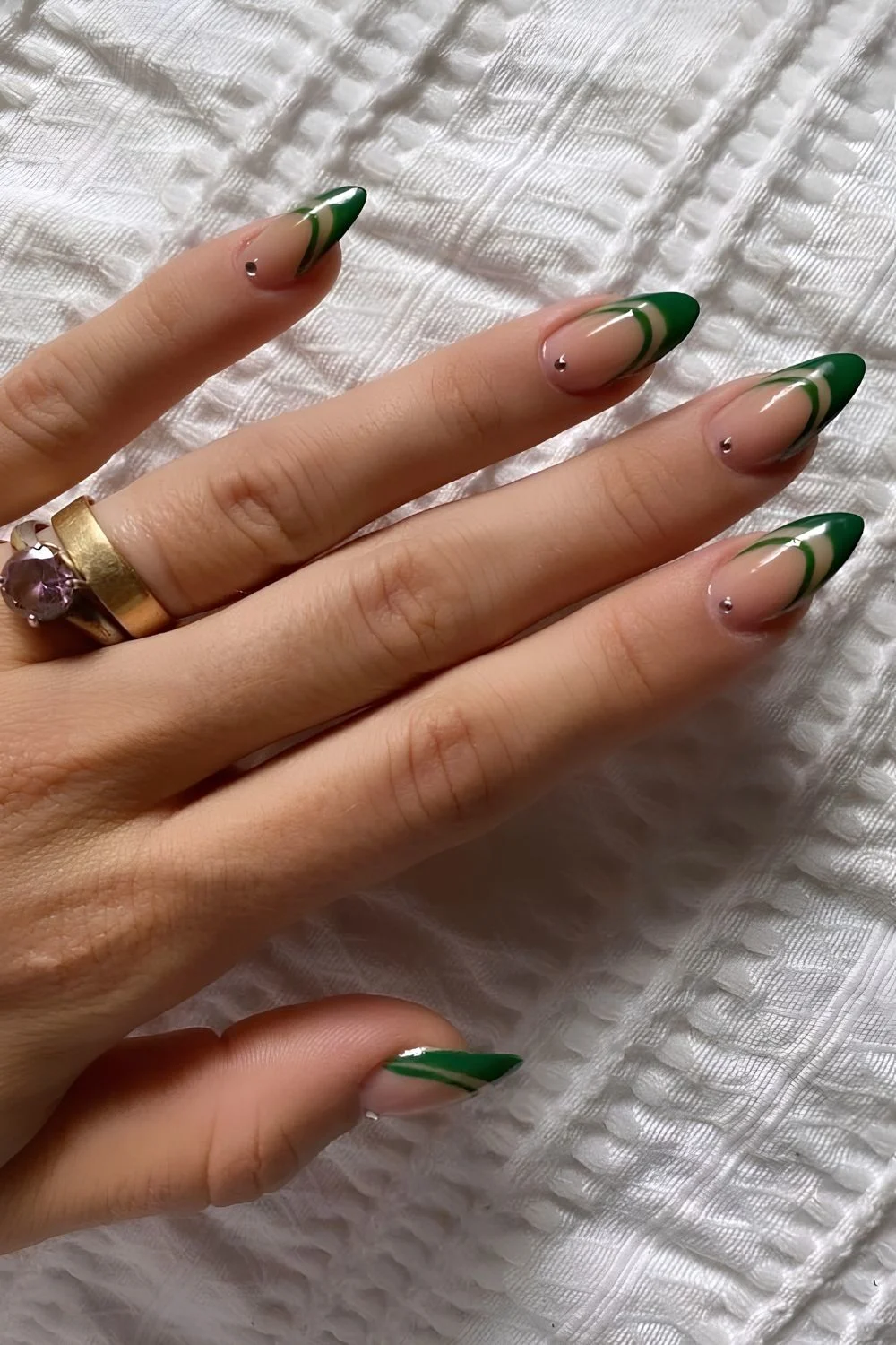 Emerald green double French mani with rhinestones