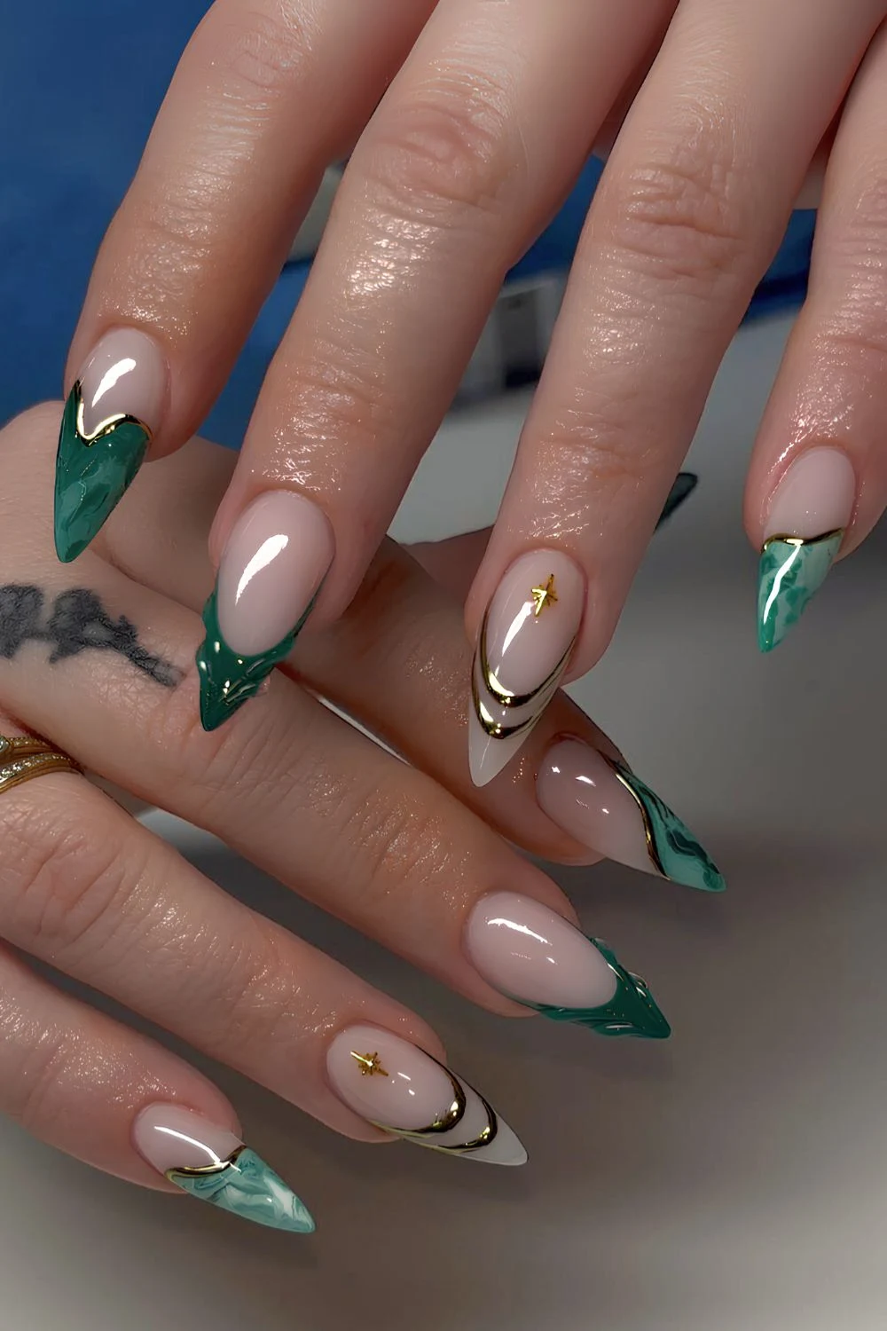 Emerald green marble French manicure