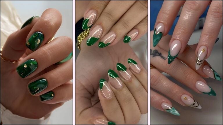 A collage of pretty emerald green nails
