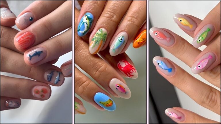 A collage of fisherman-core inspired nail designs