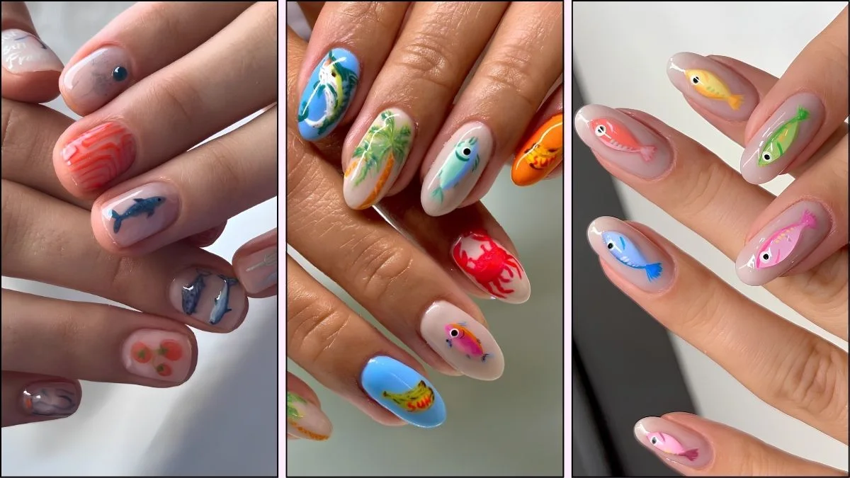 A collage of fisherman-core inspired nail designs