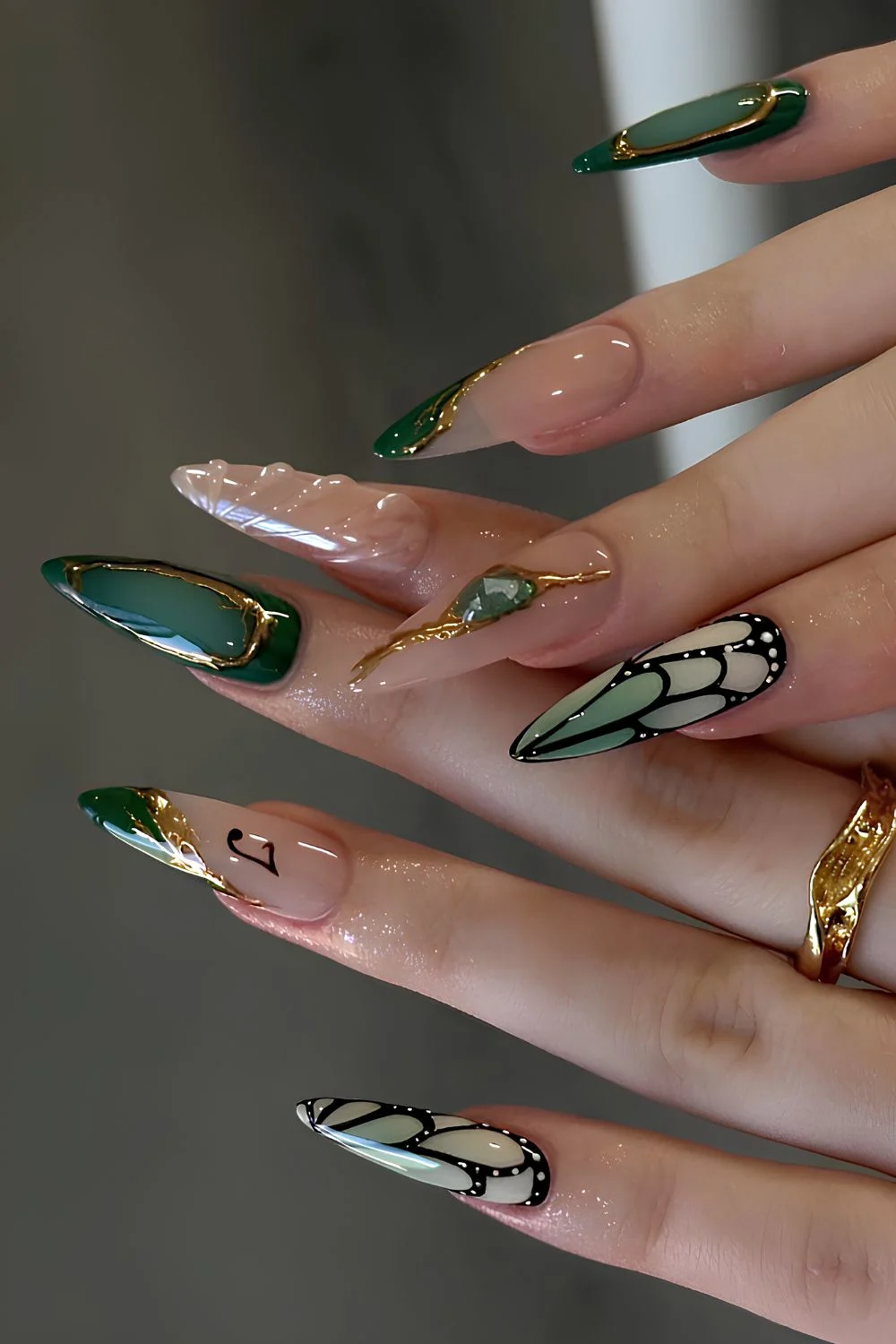 Green and white butterfly art nails