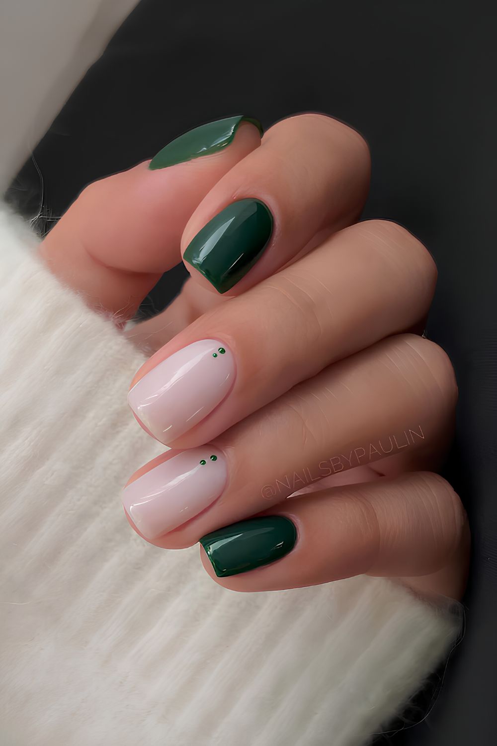 Green and white nails with dot details