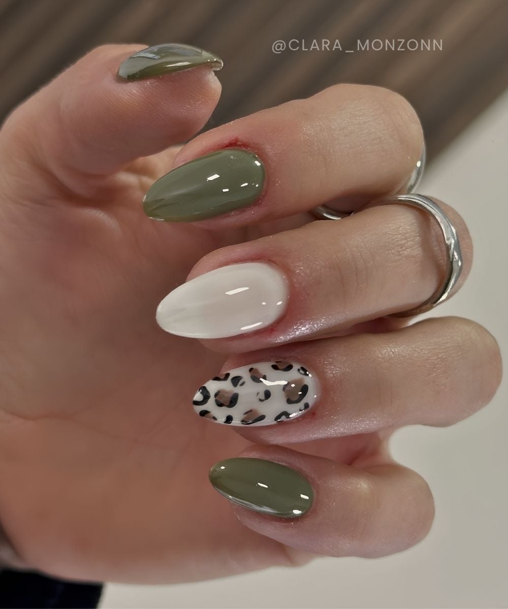 Green and white nails with leopard print