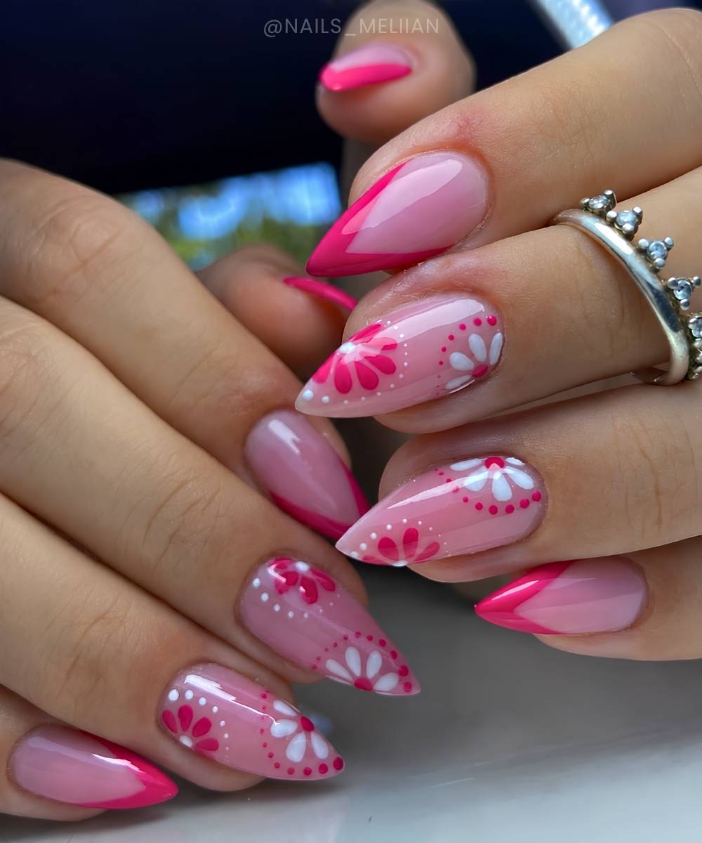 Hot pink French mani with tile style florals