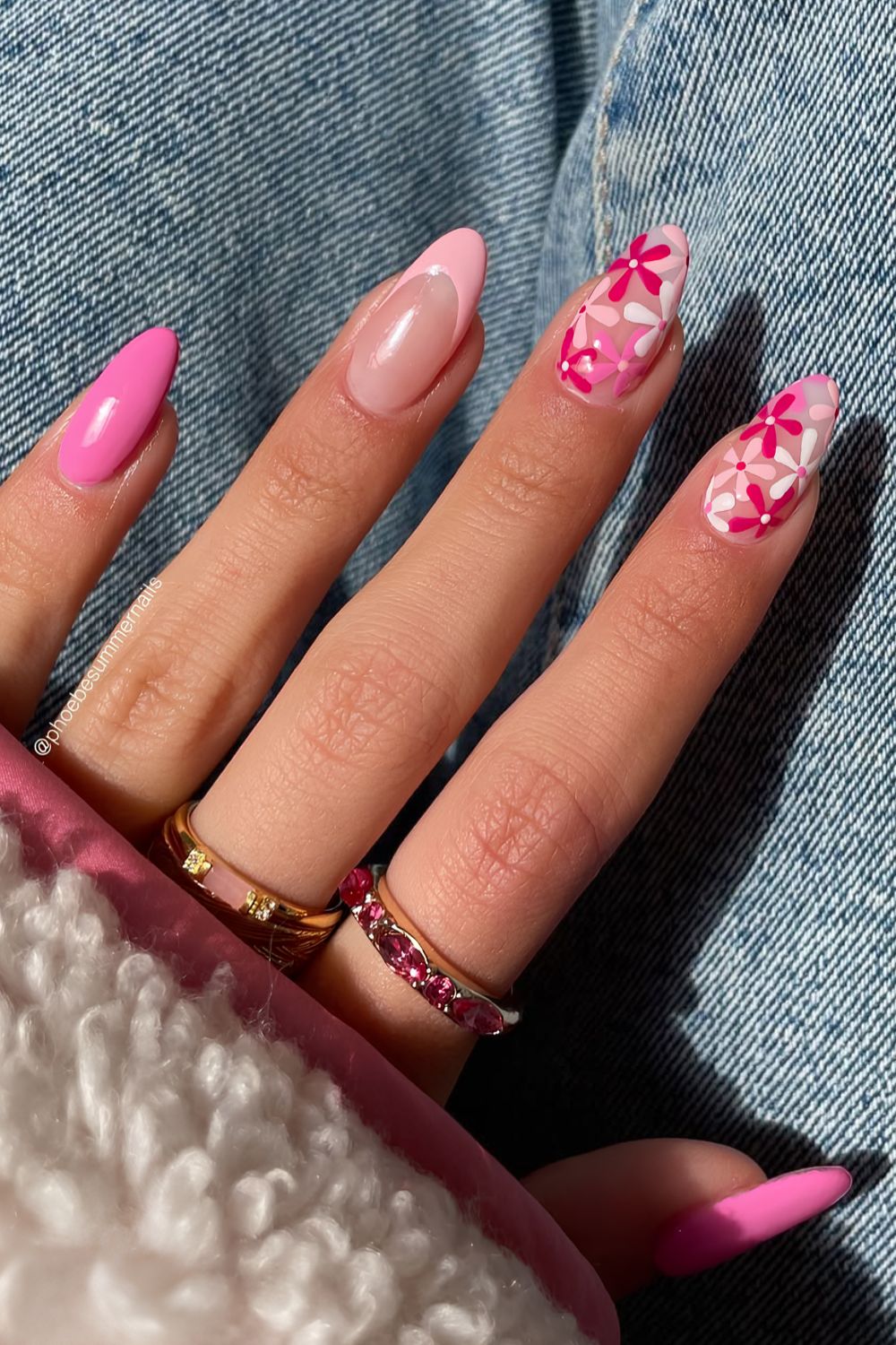 Hot pink and baby pink nails with floral accents