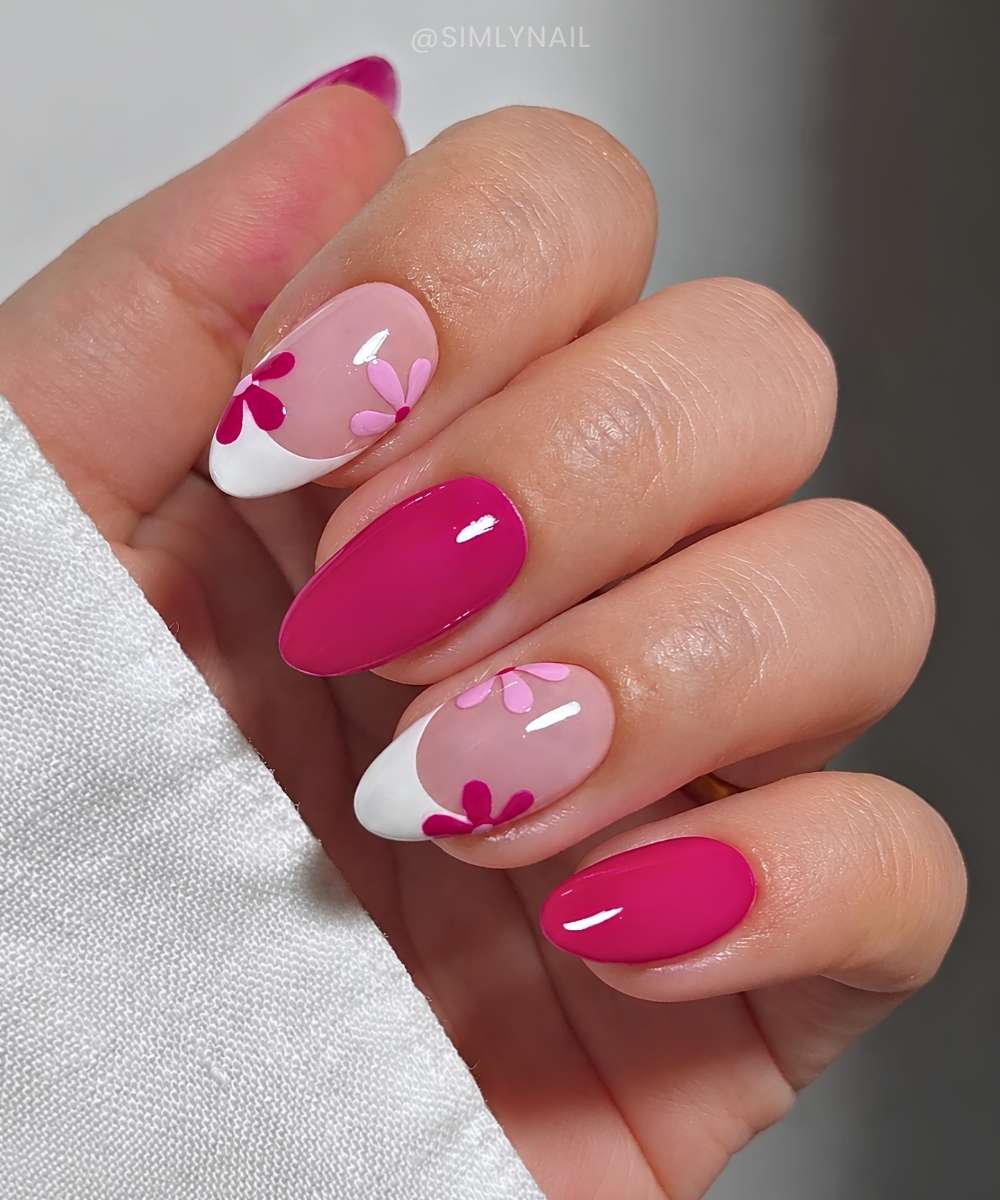 Hot pink and white floral manicure