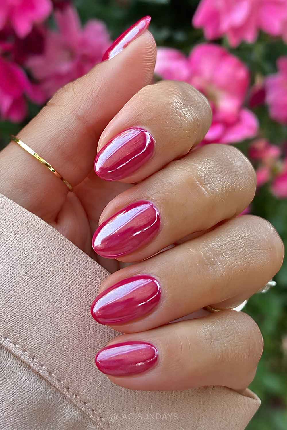 Hot pink chrome manicure