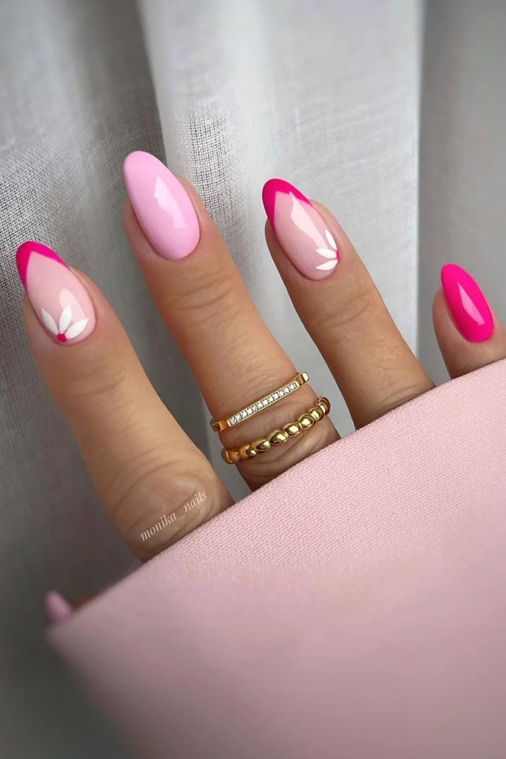 Hot pink mixed with baby pink French and solid mix mani with floral accents