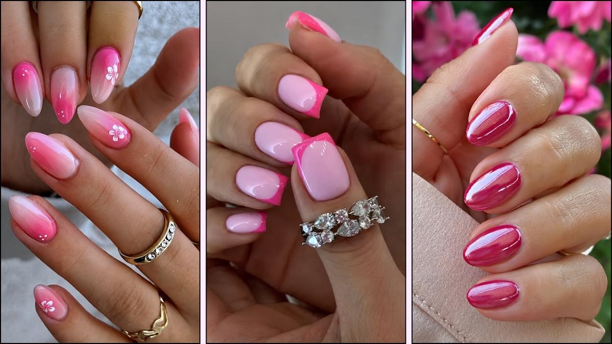 A collage of hot pink nail designs