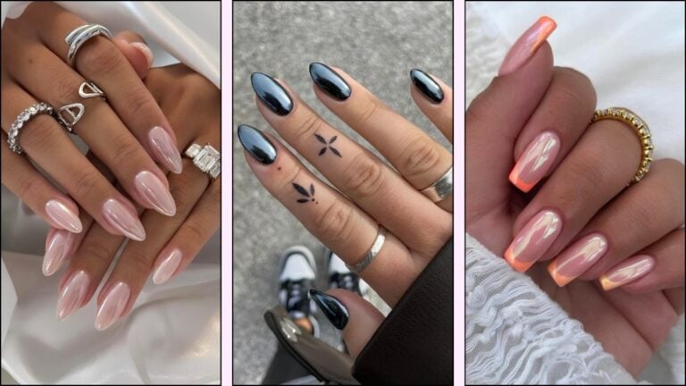 A collage of chrome nail designs