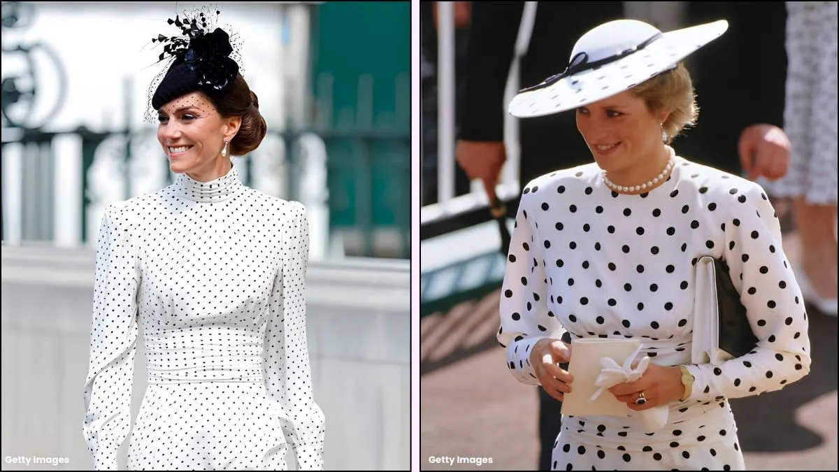 A collage of Kate Middleton polka dot dress in honour of Princess Diana