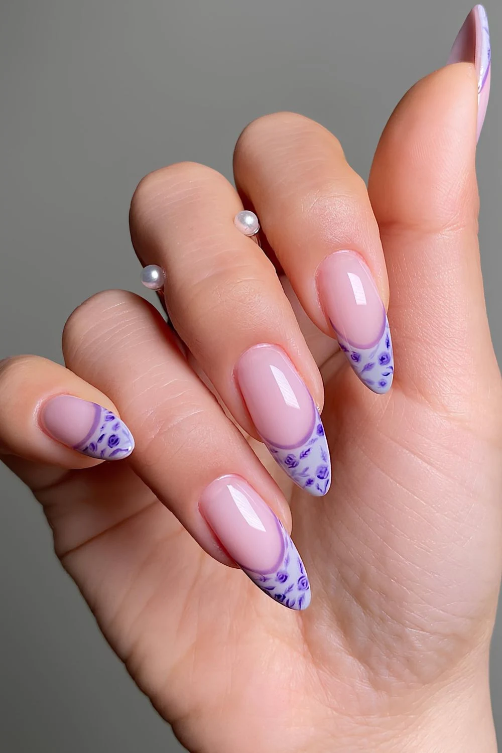 Lavender French mani with purple outline and florals