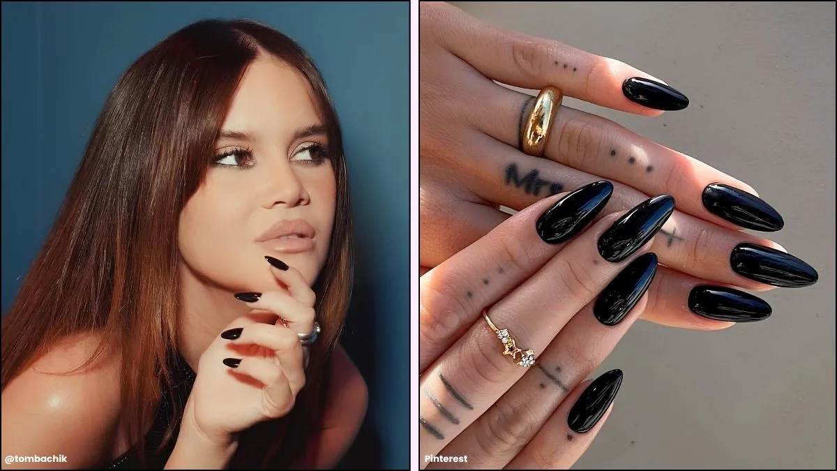 A collage of Maren Morris's black glossy nails
