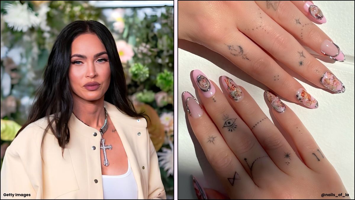A collage of Megan Fox's pink angel nails