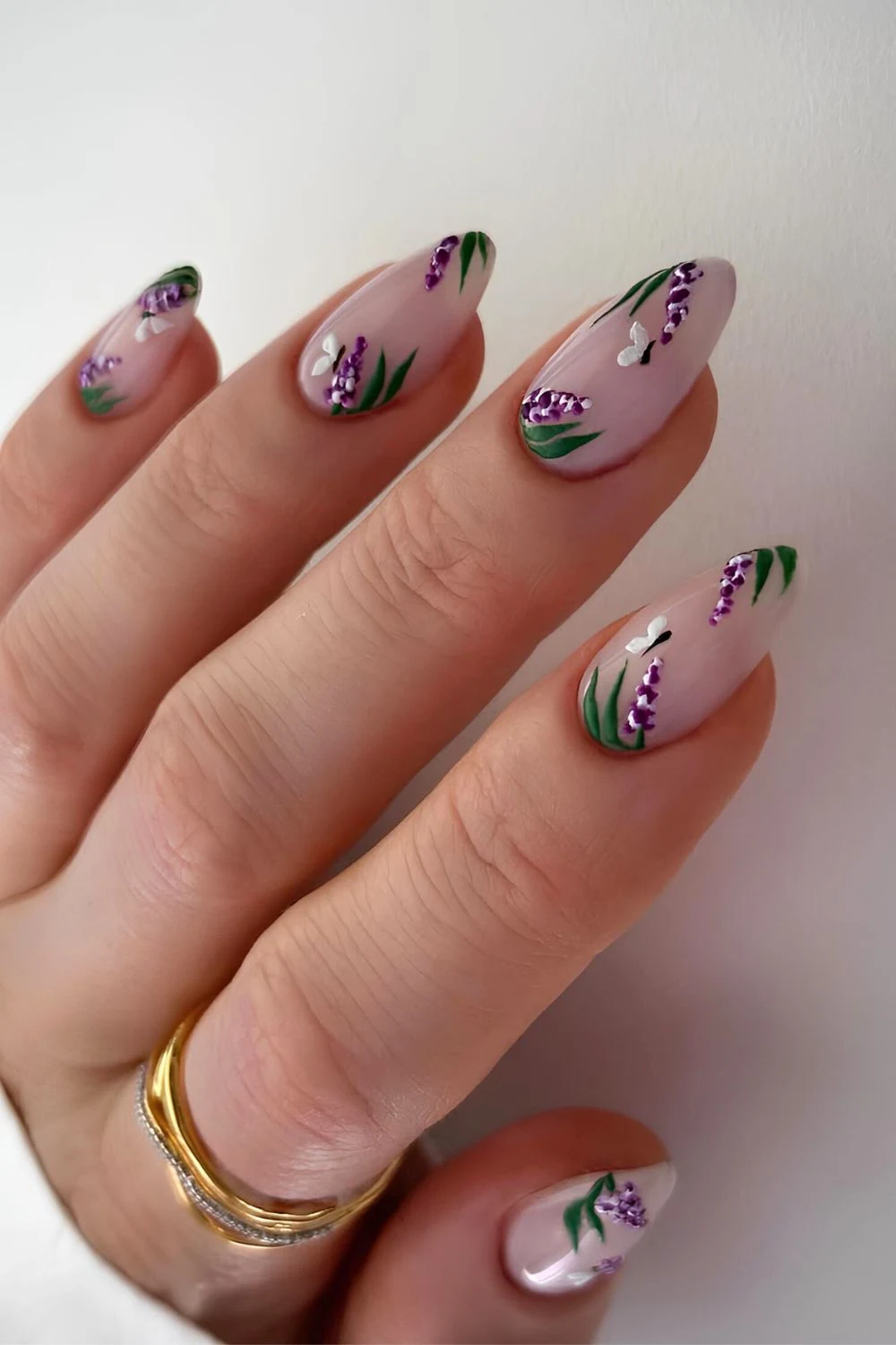 Milky nails with lavender florals