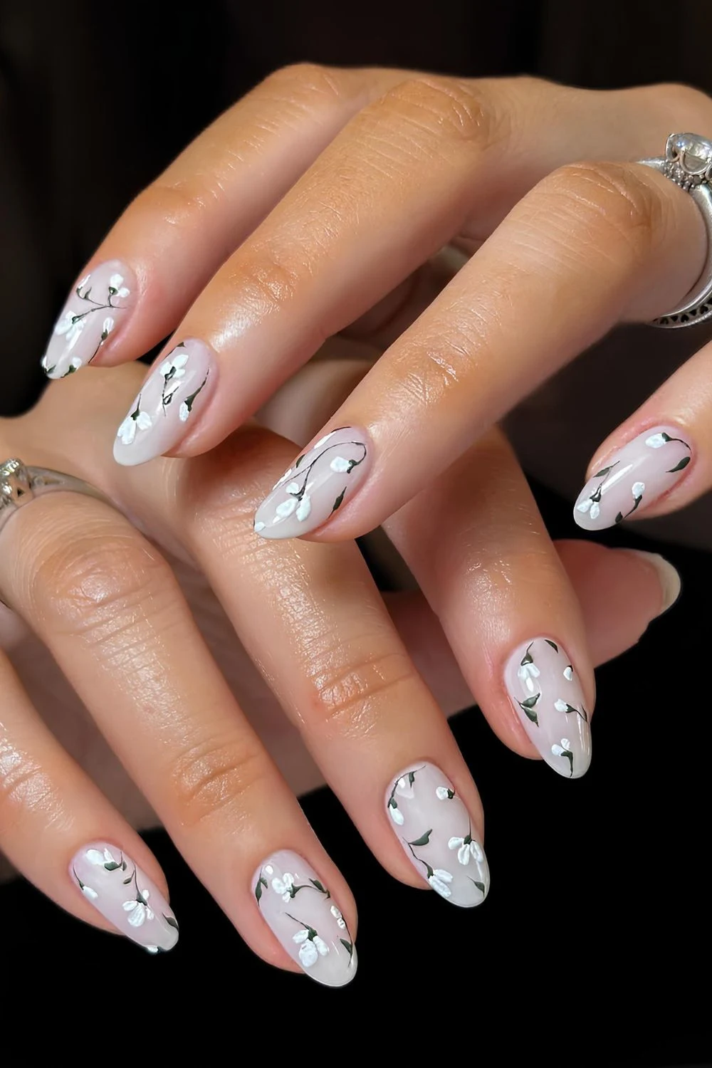Milky nails with white florals