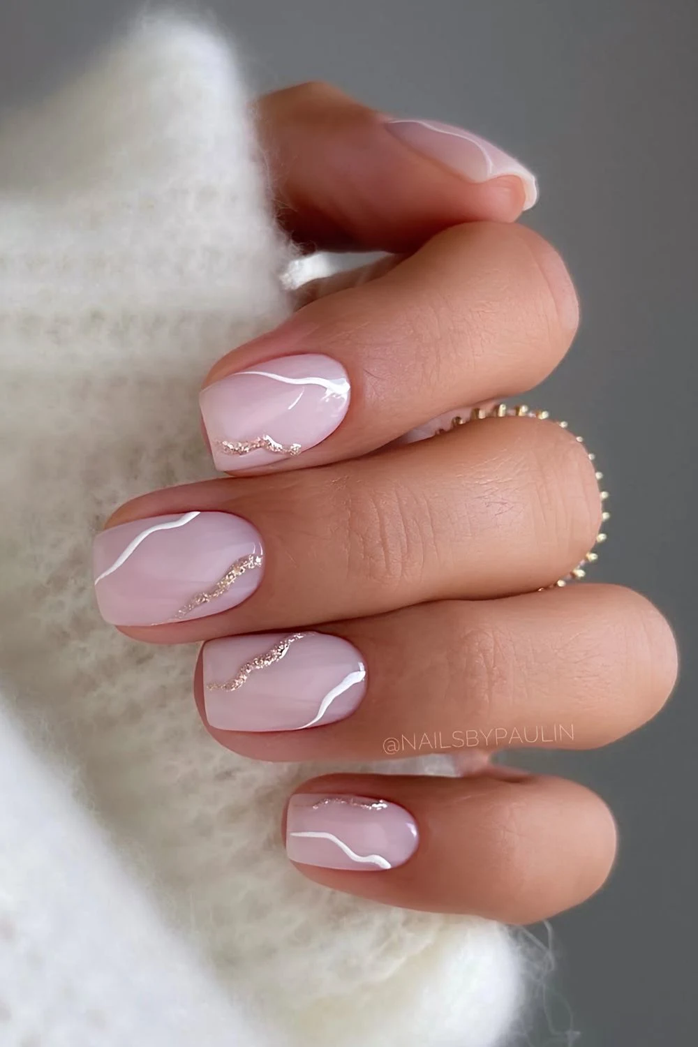 Milky white mani with glitter and line art