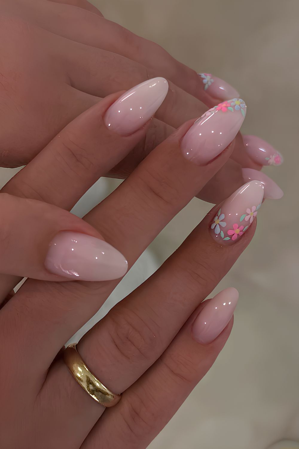 Milky white nails with floral art
