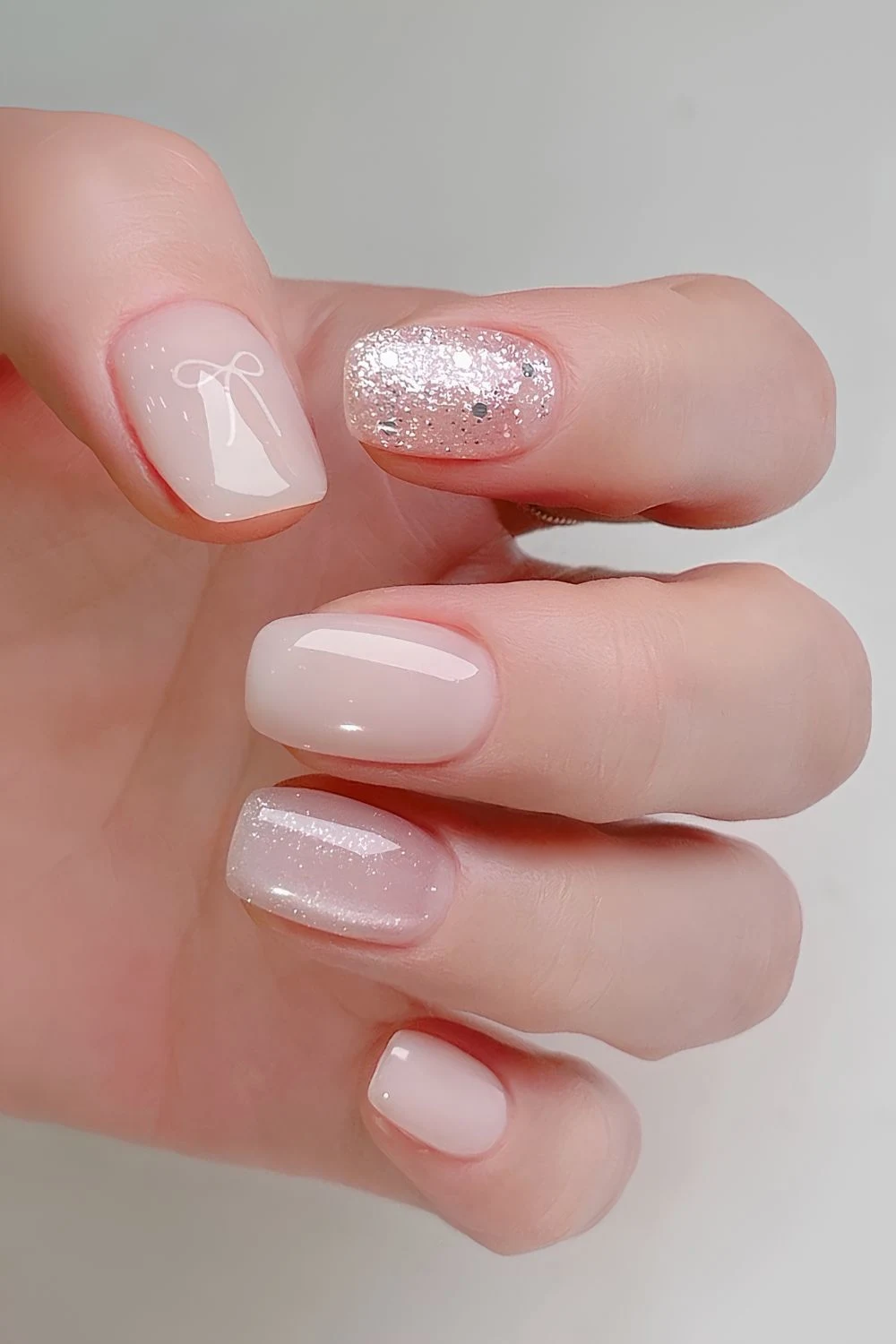 Milky white nails with glitter and bows