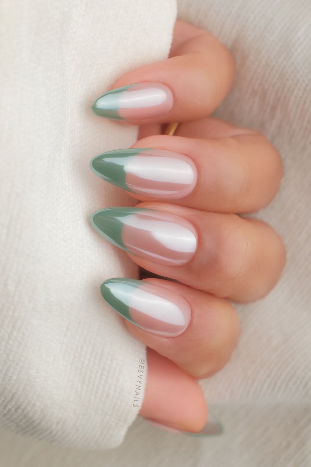 Muted green French mani with chrome overlay