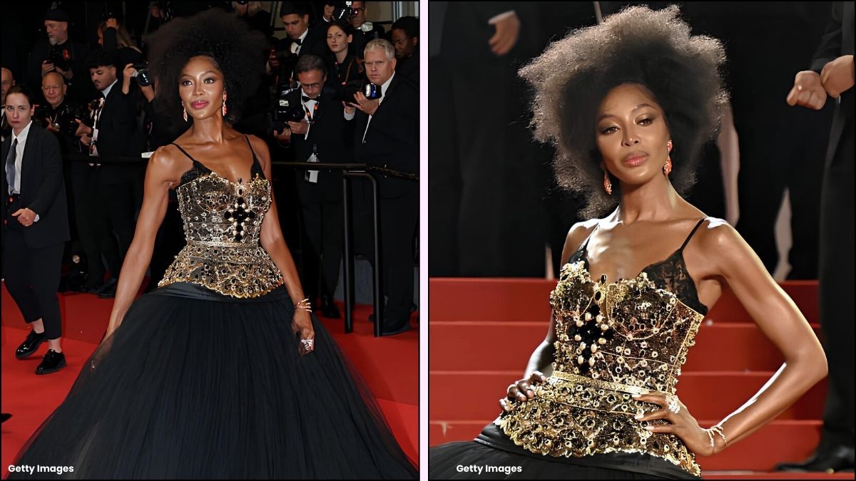 A collage of Naomi Campbell's baroque dress at Cannes