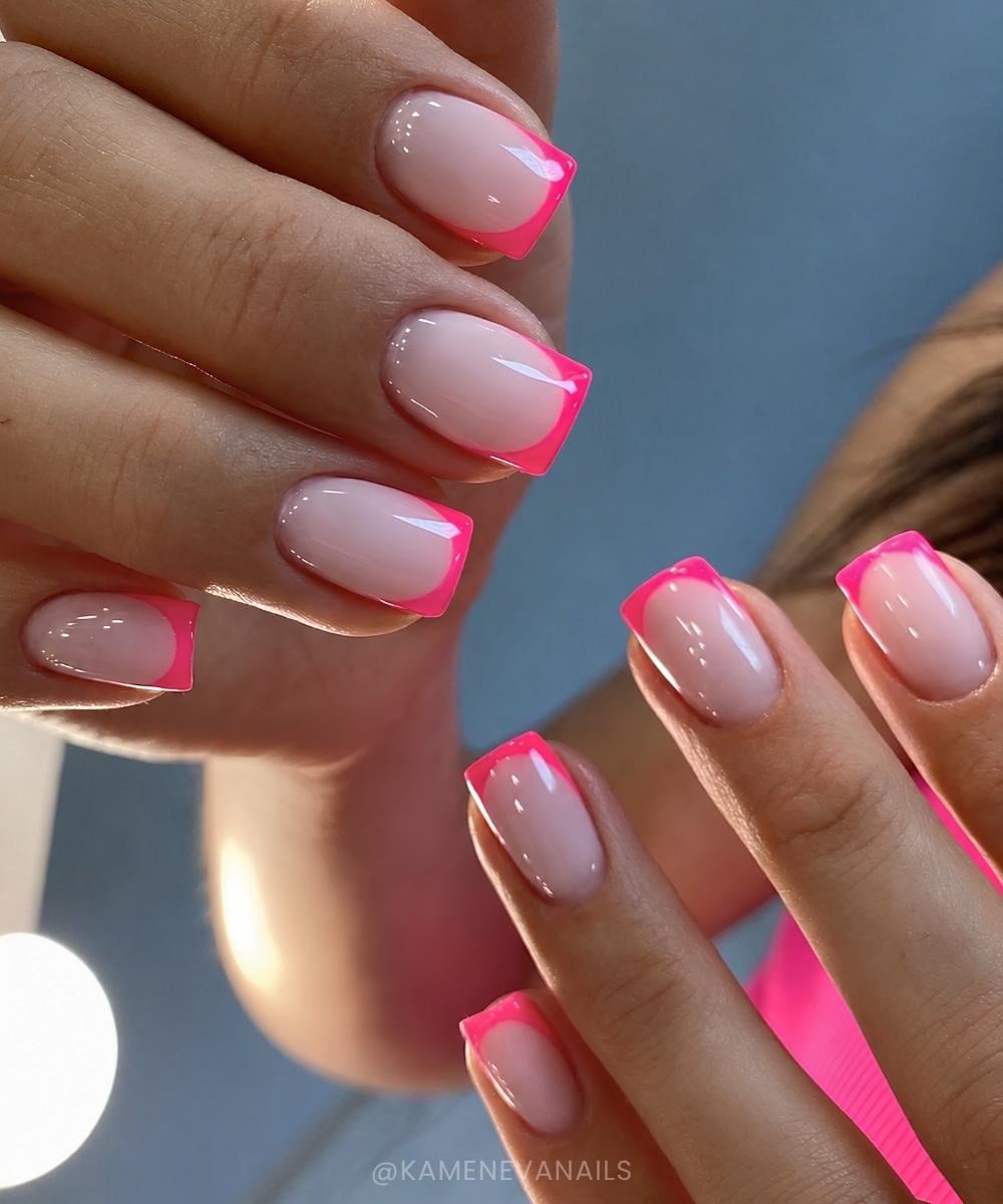 Neon pink short French manicure